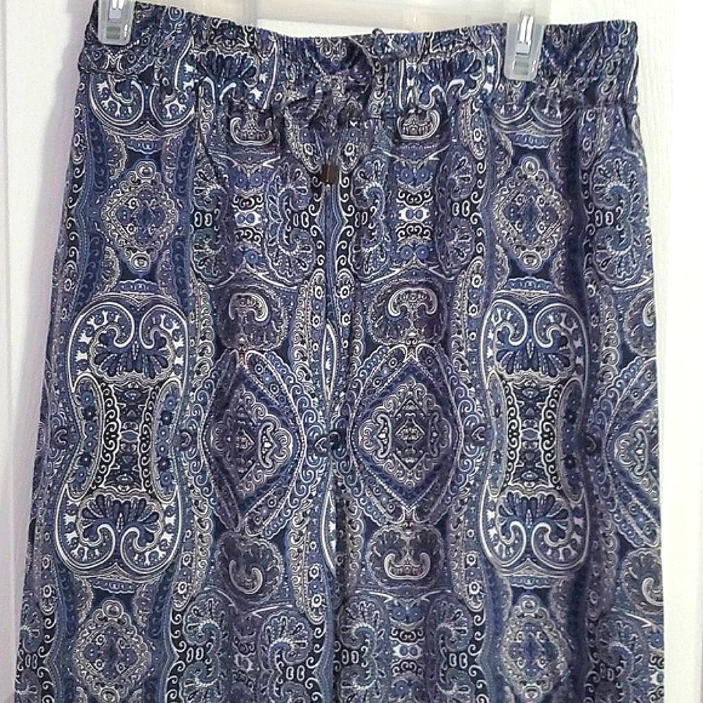 Cynthia Rowley Navy Boho Hippie Print Wide Leg Pull On Palazzo Pants L - Picture 2 of 10